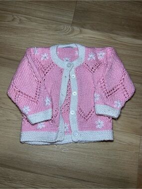 Pink Knit Baby Cardigan with White Trim by